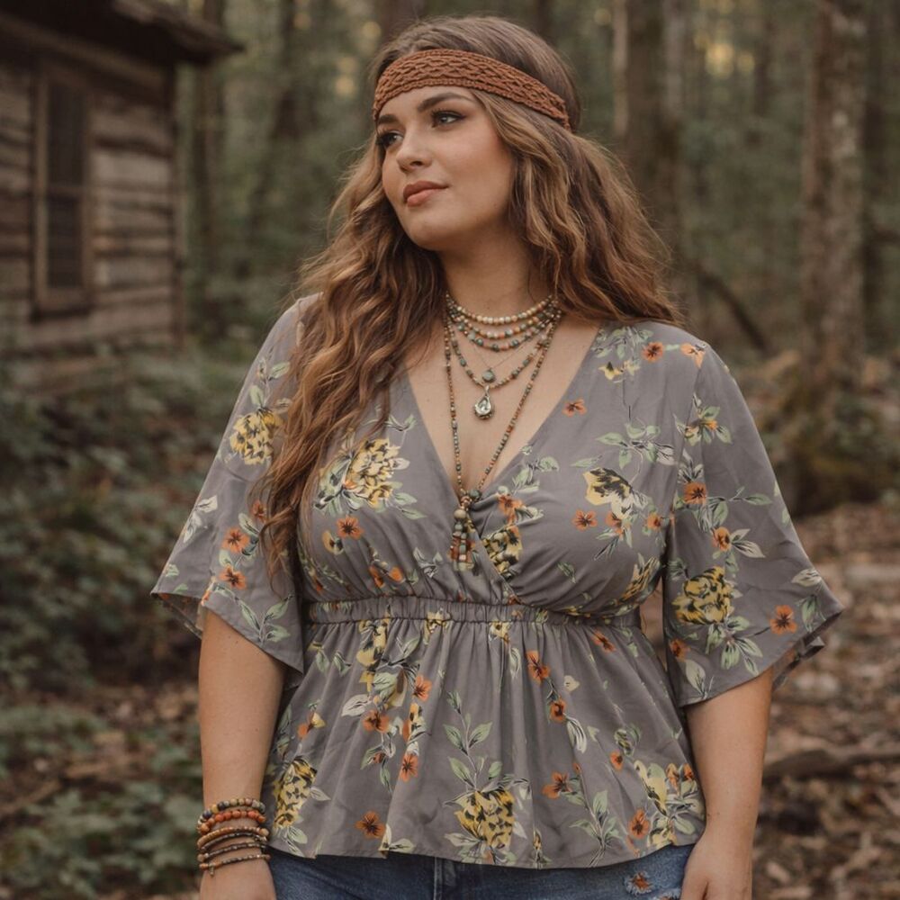 Floral Blouse Women Plus Size 2 Gray Boho Peplum Flutter Sleeve Casual Top